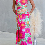 One Shoulder Sleeveless Floral Print Draped Maxi Dress