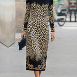 High Waisted Long Sleeves Contrast Color Leopard Printed Split-Joint Round-Neck Maxi Dresses