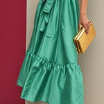 Flared Sleeves Loose Pleated Solid Color Split-Joint Tied Waist Lapel Maxi Dresses Shirt Dress