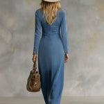V-neck Single-breasted Side-slit Denim Long-sleeved Maxi Dress