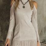 Semi-high Neck Off-the-shoulder Fringed Faux Suede Long-sleeved Mini Dress