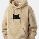 Relax Fit Black Cat Embroidered Teddy Hoodie