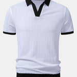 Striped Textured Johnny Collar Open Knit Polo