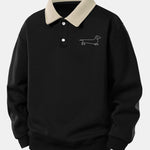 Relax Fit Line Dachshund Print Contrast Polo Sweatshirt & Straight Leg Pleated Pintuck Sweatpants