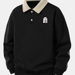 Relax Fit Ghost Drinking Coffee Print Contrast Polo Sweatshirt & Straight Leg Pleated Pintuck Sweatpants