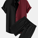 Two Tone Muscle Fit Ribbed Stand Collar Shirt & Shorts