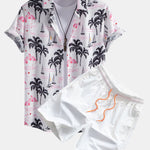 Palm Tree Flamingo Print Button Up Shirt & Swim Shorts