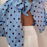 Lantern Long Sleeves Bow Back Slit Polka Dot Top