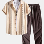 Geometric Print Linen Look Shirt & Straight Leg Linen Pants