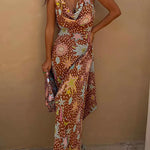 Margovil Cowl Neck Open Back Printed Maxi Dress with Scarf