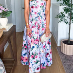 Strapless Tube Back Lace-up Floral Print Midi Dress