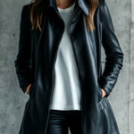 Women Simple Lapel Solid Color Faux Leather Jacket
