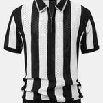 Striped Eyelet Knit Zip Up Polo Shirt