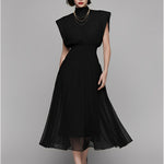 Women's Jet Black Chiffon Dress With Cap Sleeves & Smocked Waist, Modern Effortless-Chic Style Dress