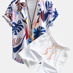 Colorful Leaf Print Button Up Shirt & Swim Shorts