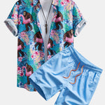 Tropical Plants And Orangutan Print Button Up Shirt & Swim Shorts