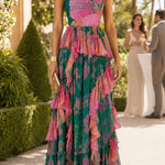 Spaghetti Strap High Waist Printed Ruffle Maxi Dress