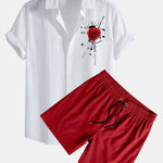 Splash Rose Print Linen Look Cotton Button Up Shirt & Swim Shorts