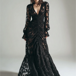 Elegant Women's Black Mesh Fabric Flocked Long-sleeved Maxi Dress
