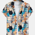 Cartoon Cat Print Button Up Shirt & Drawstring Swim Shorts