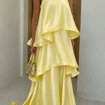 Margovil Spaghetti Strap Ruffle Layered Satin Maxi Dress