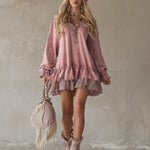 Retro Sporty Style Checkered Trim Powder Pink Sweatshirt Mini Dress