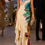 One Shoulder Floral Print Ruffle Hem Slit Maxi Dress