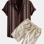 Geometric Print Linen Look Shirt & Linen Cotton Blend Drawstring Shorts