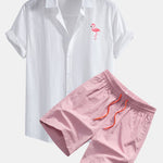 Flamingo Print Linen Look Cotton Button Up Shirt & Swim Shorts