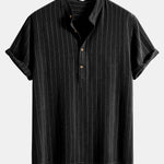 Linen Blend Striped Half Open Placket Henley Collar Shirt & Straight Leg Linen Pants