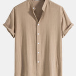 Linen And Rayon Blend Stand Collar Shirt & Linen Cotton Blend Drawstring Striped Shorts