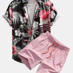 Flamingo Flower Print Button Up Shirt & Swim Shorts