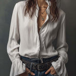 White Zip-Front Blouse With Flounce Cuffs