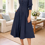 Lapel Button Up Solid Midi Shirt Dress