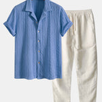 Knitted Geometric Textured Cuban Shirt & Straight Leg Linen Pants