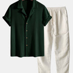 Short Sleeve Knitted Waffle Cuban Shirt & Straight Leg Linen Pants