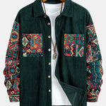 Ethnic Geometric Jacquard Patchwork Corduroy Shirt & Straight Leg Corduroy Pants
