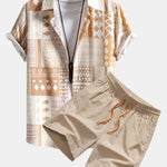 Tribal Geometric Patchwork Print Button Up Shirt & Swim Shorts