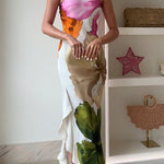 One Shoulder Side Draped Ruffle Slit Floral Print Maxi Dress