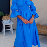 Off Shoulder Bell Sleeves Frilled Waist Swing Maxi Dress