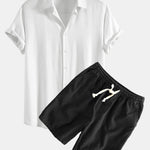 Linen Rayon Blend Button Up Shirt & Linen Cotton Blend Drawstring Shorts