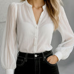 Chic Crew Neck Sheer Sleeves Button Down Shirt