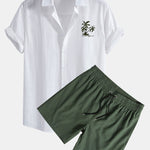 Hawaii Palm Tree Print Linen Look Cotton Button Up Shirt & Swim Shorts
