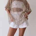 Round Neck Half Sleeves Crochet Hollow Out Sequin Top