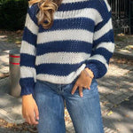 Margovil Drop Shoulder Striped Casual Pullover Sweater