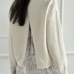 Crewneck Back Slit Lace Patchwork Sweater