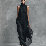 Women's Simple Style Black Chiffon Crinkle Sleeveless Stand-collar Long Dress