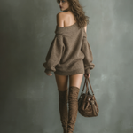 Women's Brown Off-shoulder Knit Mini Dress