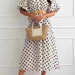 Lapel Lantern Short Sleeves Button Up Polka Dot Midi Dress