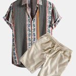 Elephant Geometric Print Shirt & Linen Cotton Blend Drawstring Shorts